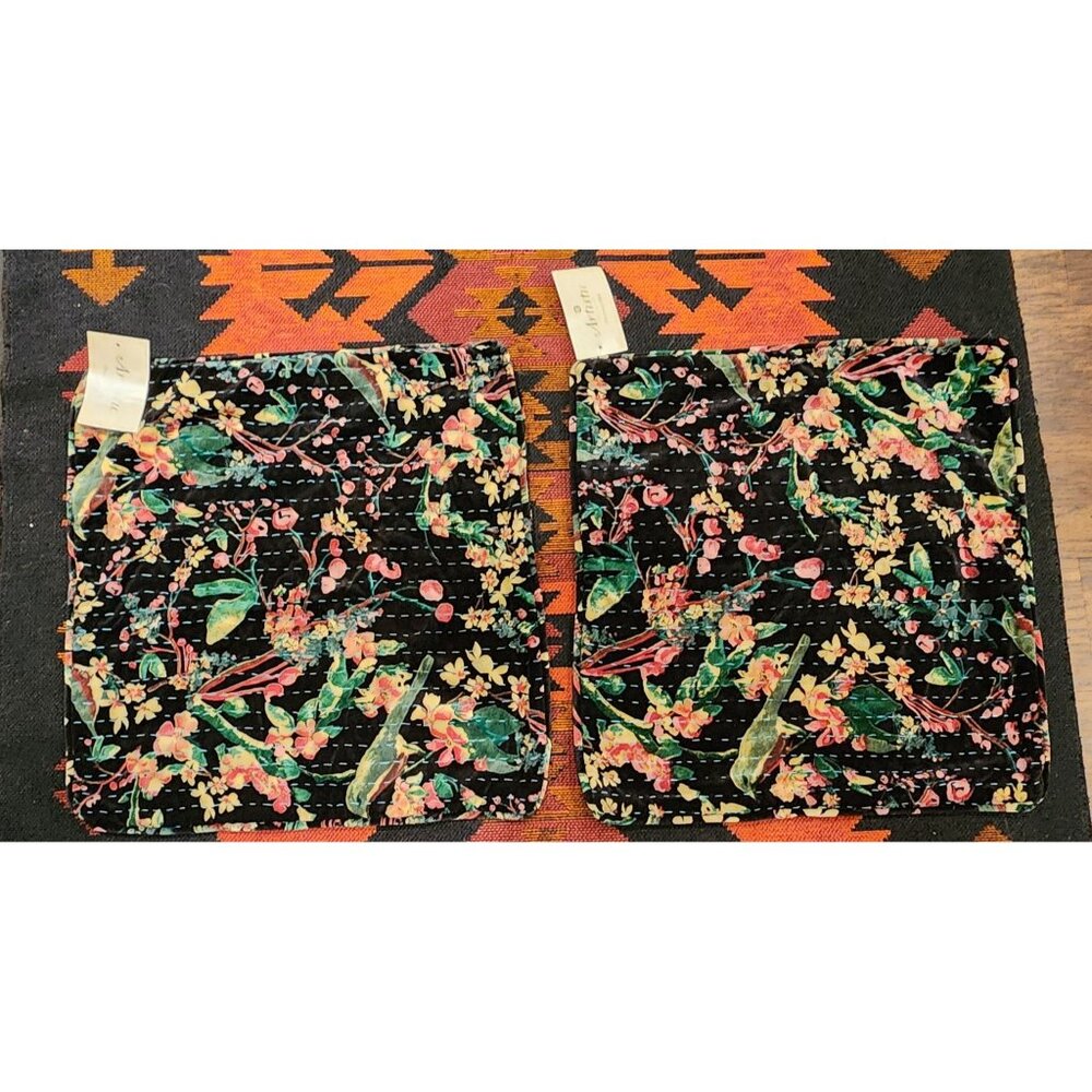 Set Of 2 Artistic Velvet Floral Quilted Black Pillow Covers.  21 inch